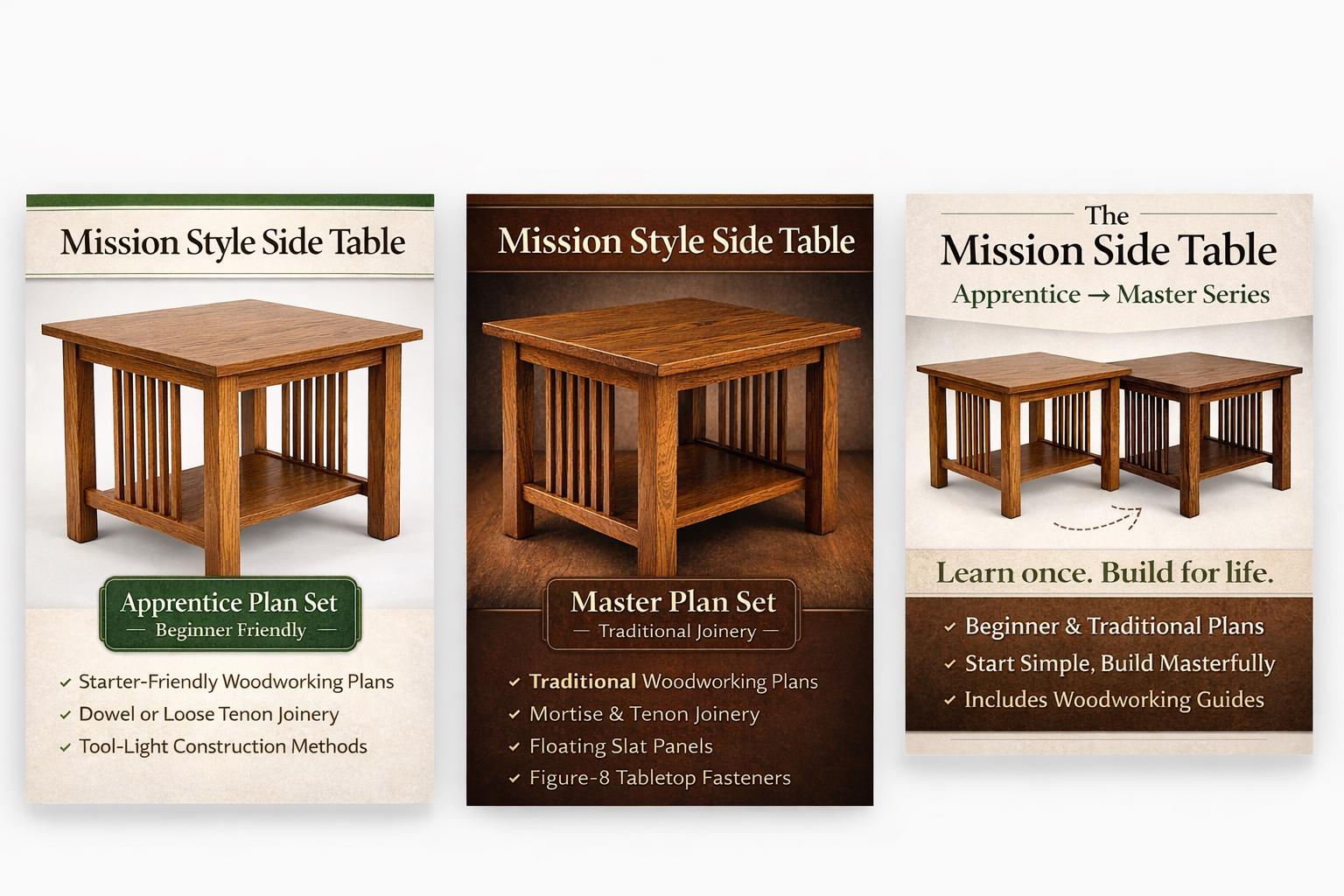 Mission Side Table Woodworking Plans – Apprentice + Master Bundle – Traditional Furniture Build PDF