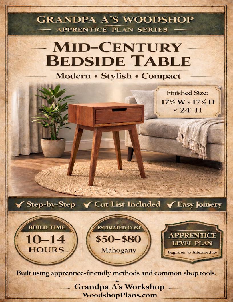 Mid-Century Modern Bedside Table Woodworking Plan, Beginner Friendly PDF