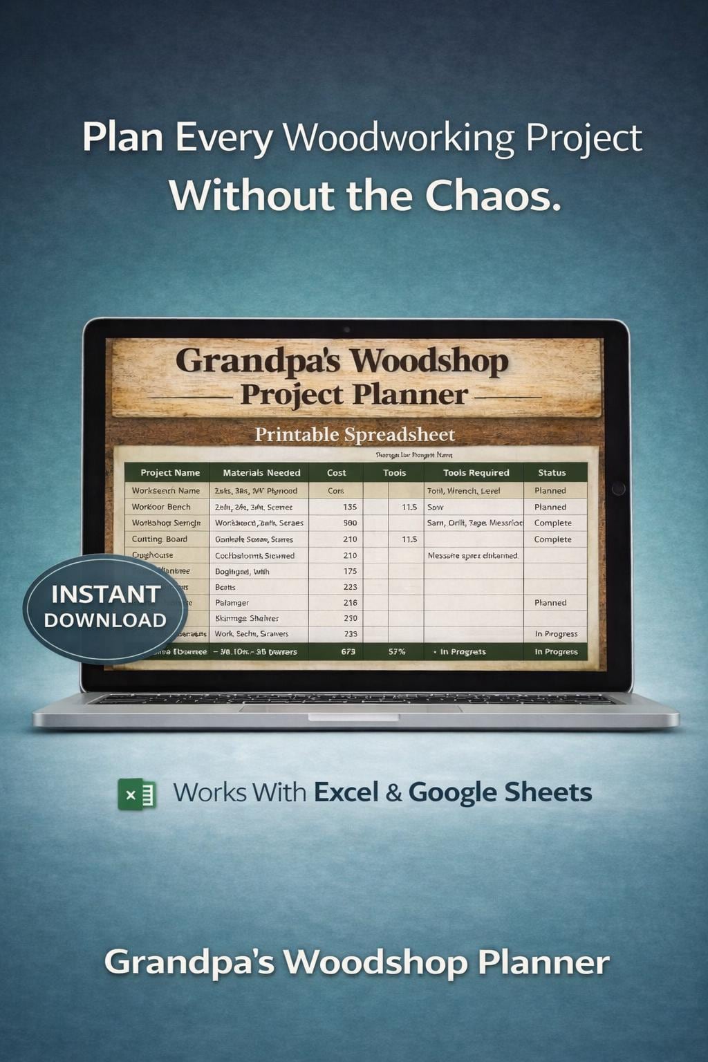 Woodworking Project Planner Spreadsheet | DIY Woodshop Budget Tracker & Lumber Cost Calculator | Organizer for Woodworkers
