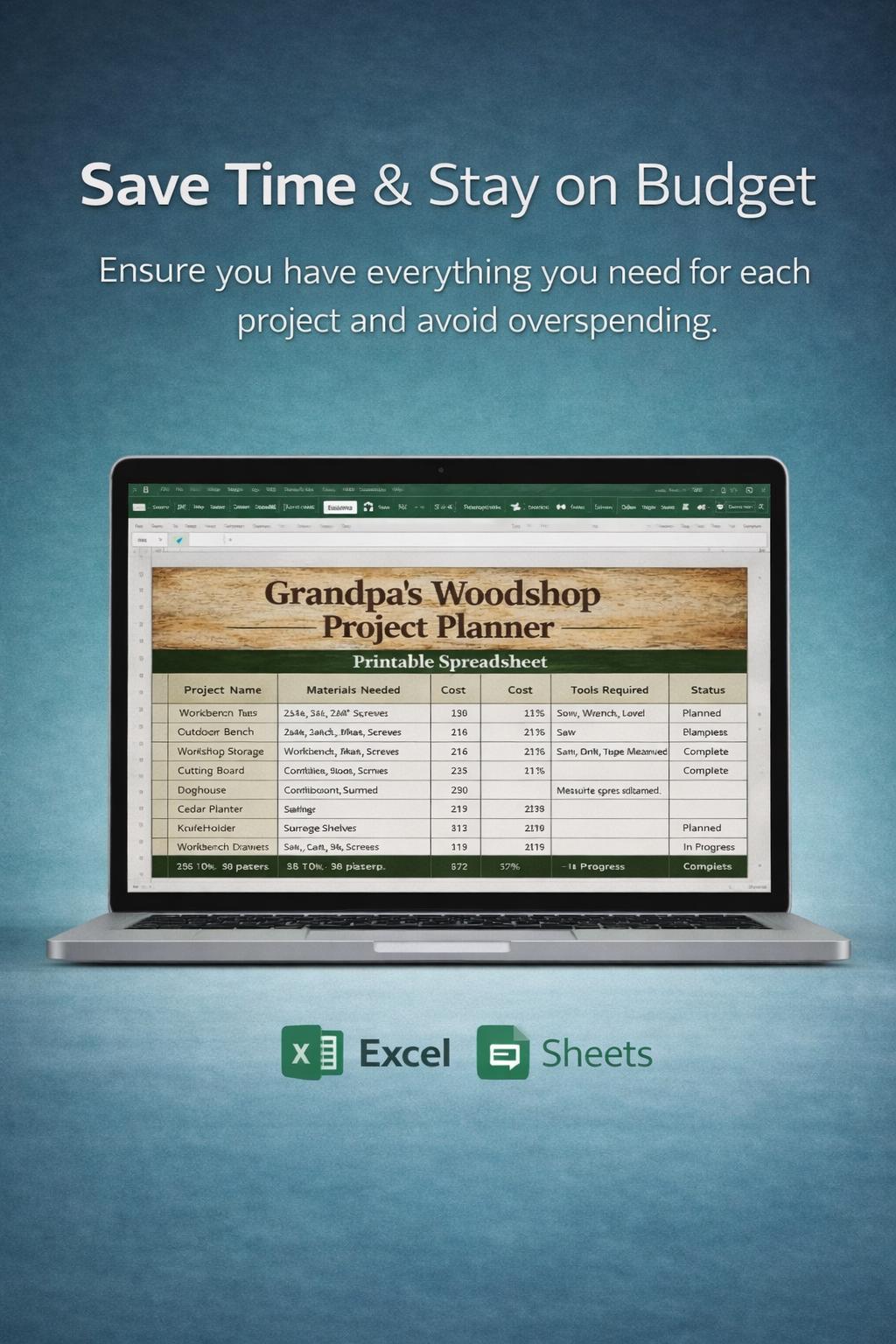 Woodworking Project Planner Spreadsheet | DIY Woodshop Budget Tracker & Lumber Cost Calculator | Organizer for Woodworkers
