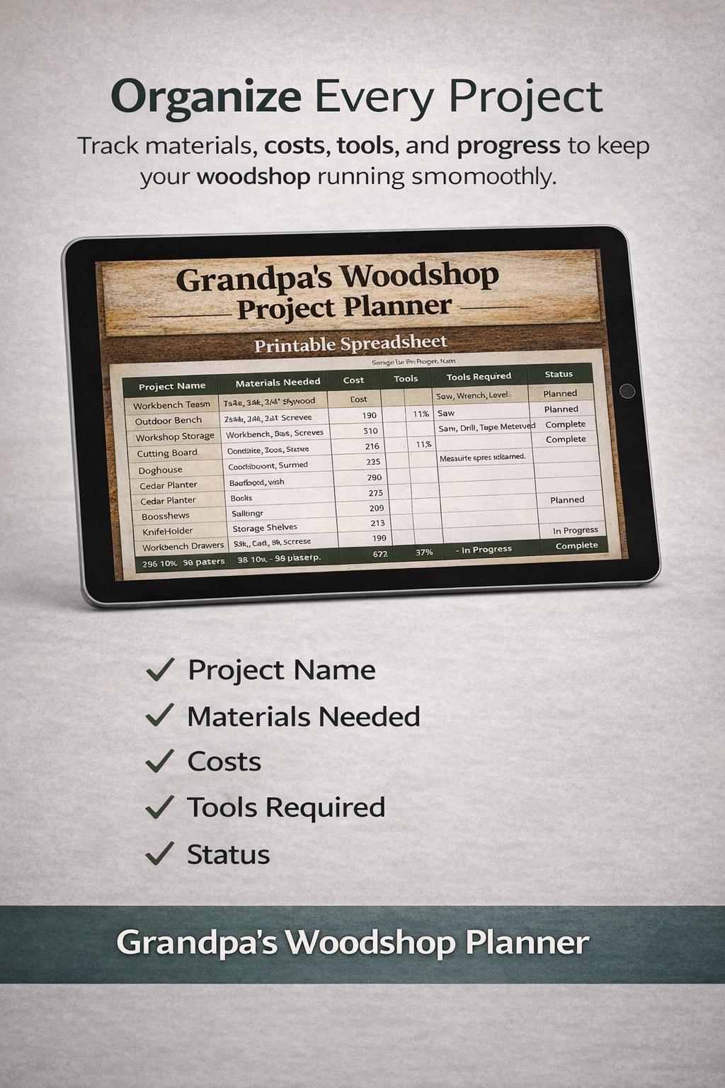 Woodworking Project Planner Spreadsheet | DIY Woodshop Budget Tracker & Lumber Cost Calculator | Organizer for Woodworkers
