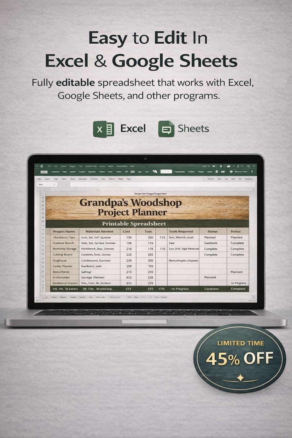Woodworking Project Planner Spreadsheet | DIY Woodshop Budget Tracker & Lumber Cost Calculator | Organizer for Woodworkers