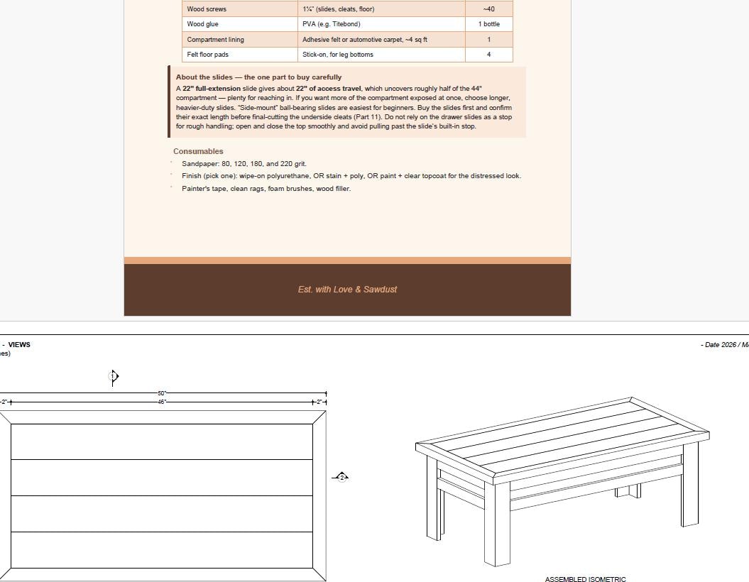 Farmhouse Coffee Table Plans, Sliding Top Hidden Storage, Beginner Woodworking PDF