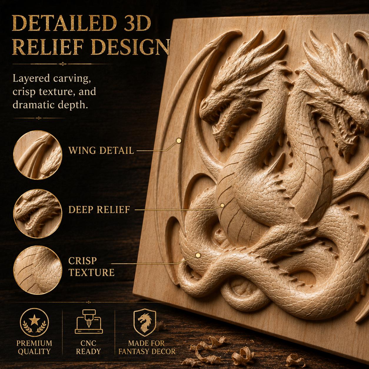 Two-Headed Dragon CNC CRV File with Toolpaths | Relief File | Fantasy Digital Download