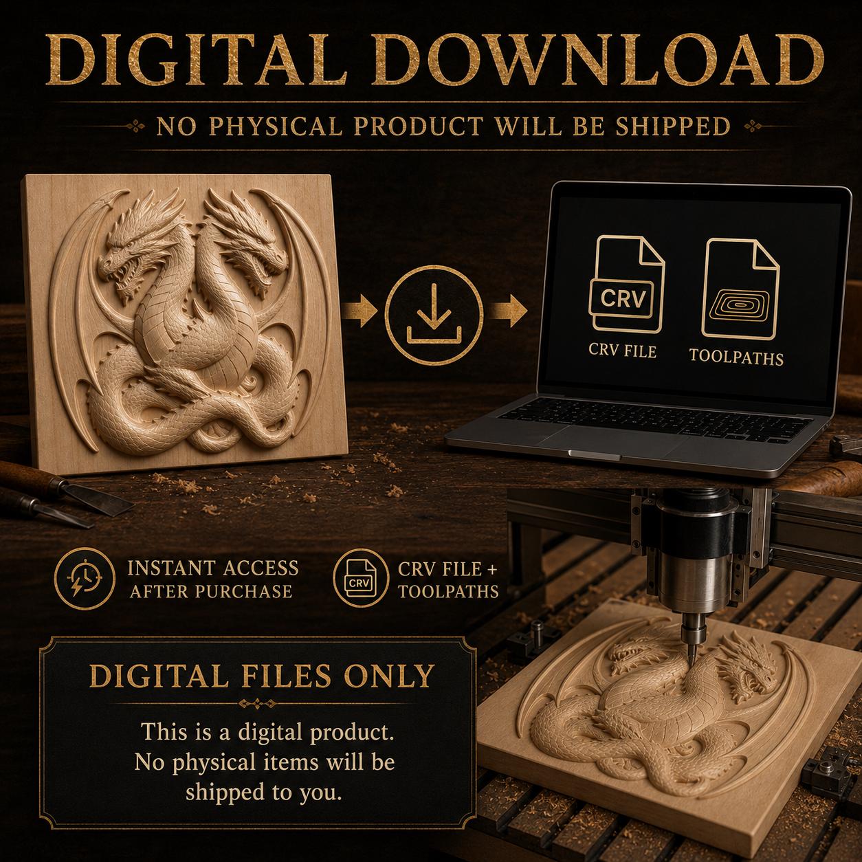Two-Headed Dragon CNC CRV File with Toolpaths | Relief File | Fantasy Digital Download