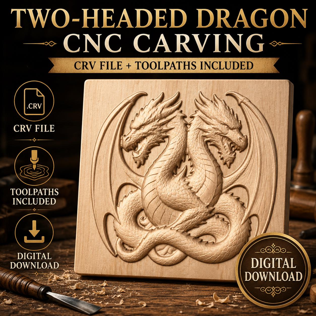 Two-Headed Dragon CNC CRV File with Toolpaths | Relief File | Fantasy Digital Download