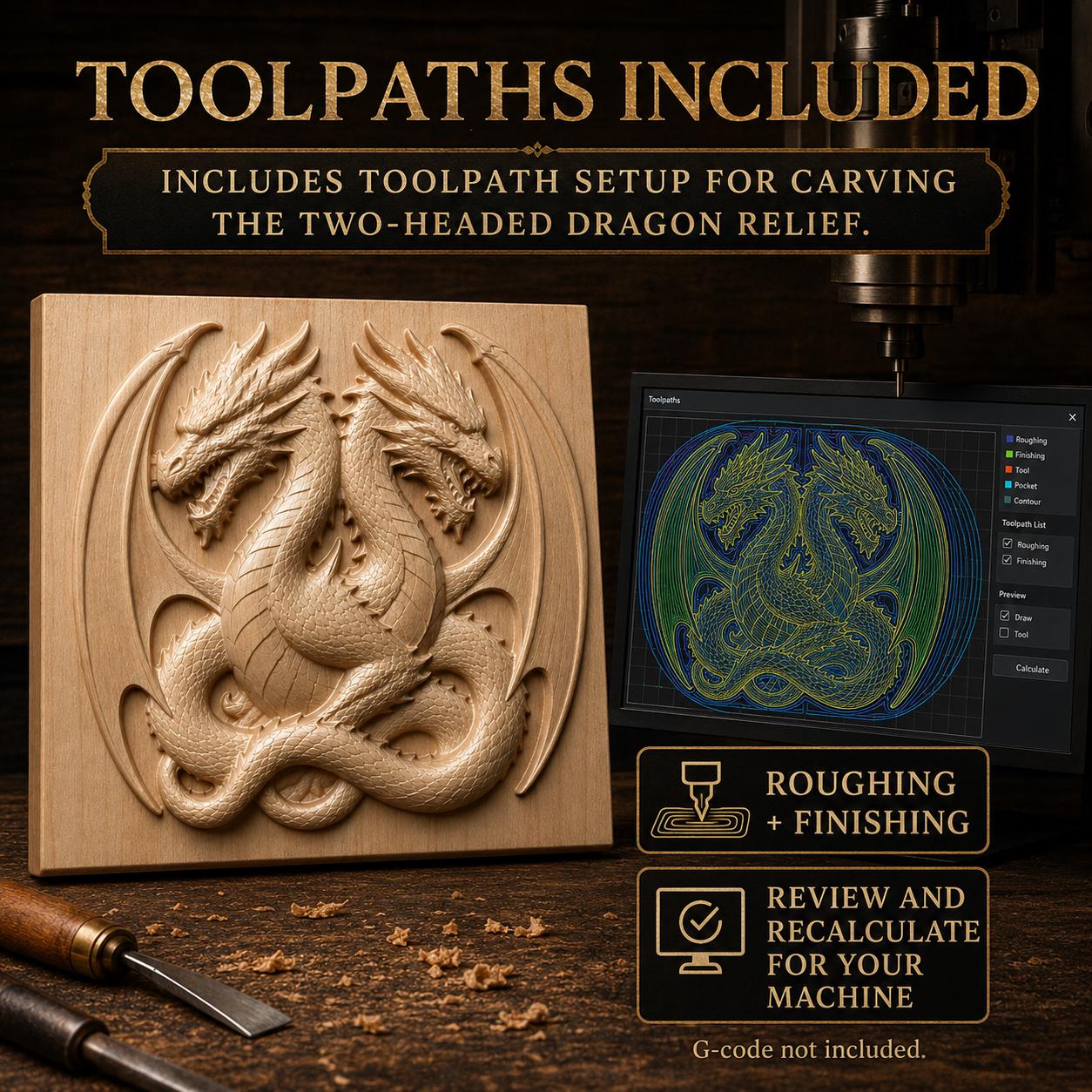Two-Headed Dragon CNC CRV File with Toolpaths | Relief File | Fantasy Digital Download